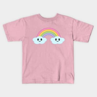Kawaii Cute Happy Rainbow and Clouds in Pink Kids T-Shirt